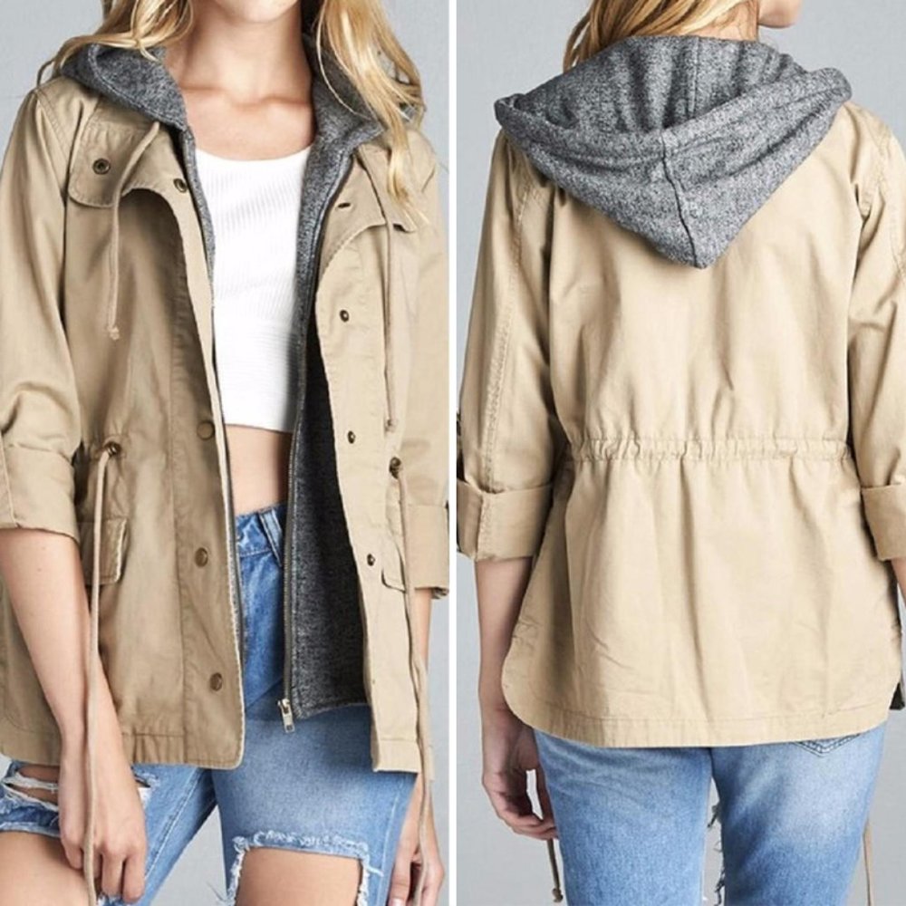 Grey Jersey Hooded Military Utility Jacket Khaki